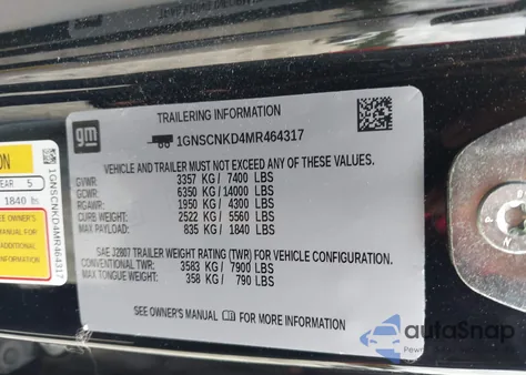 2021 Chevrolet Tahoe 2Wd Lt z USA, uszkodzony, nr VIN 1GNSCNKD4MR464317